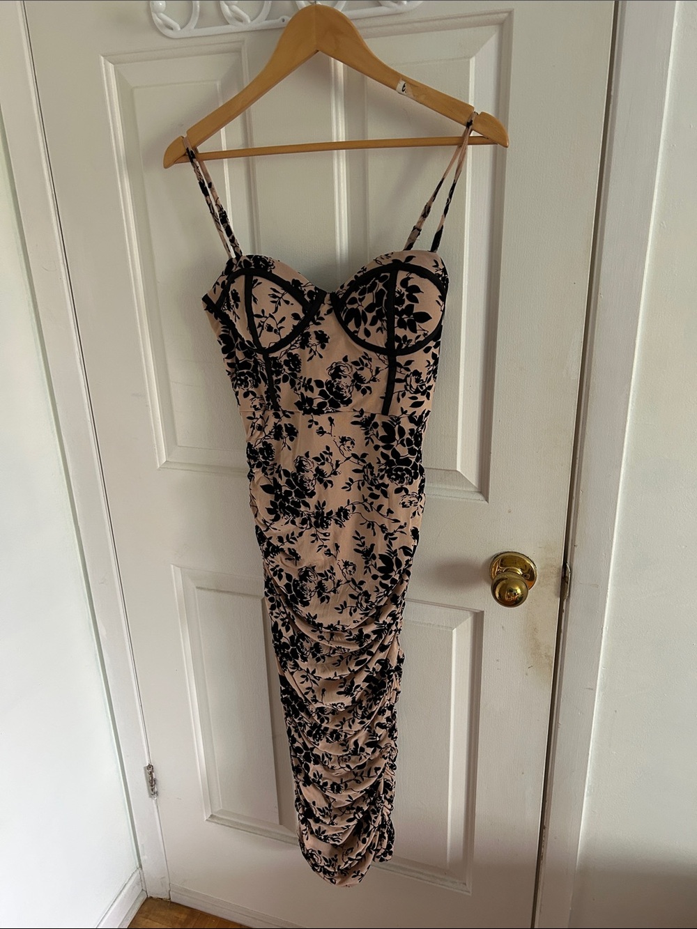 NWT Sleeveless Beige Dress with Black Floral Lace Detail